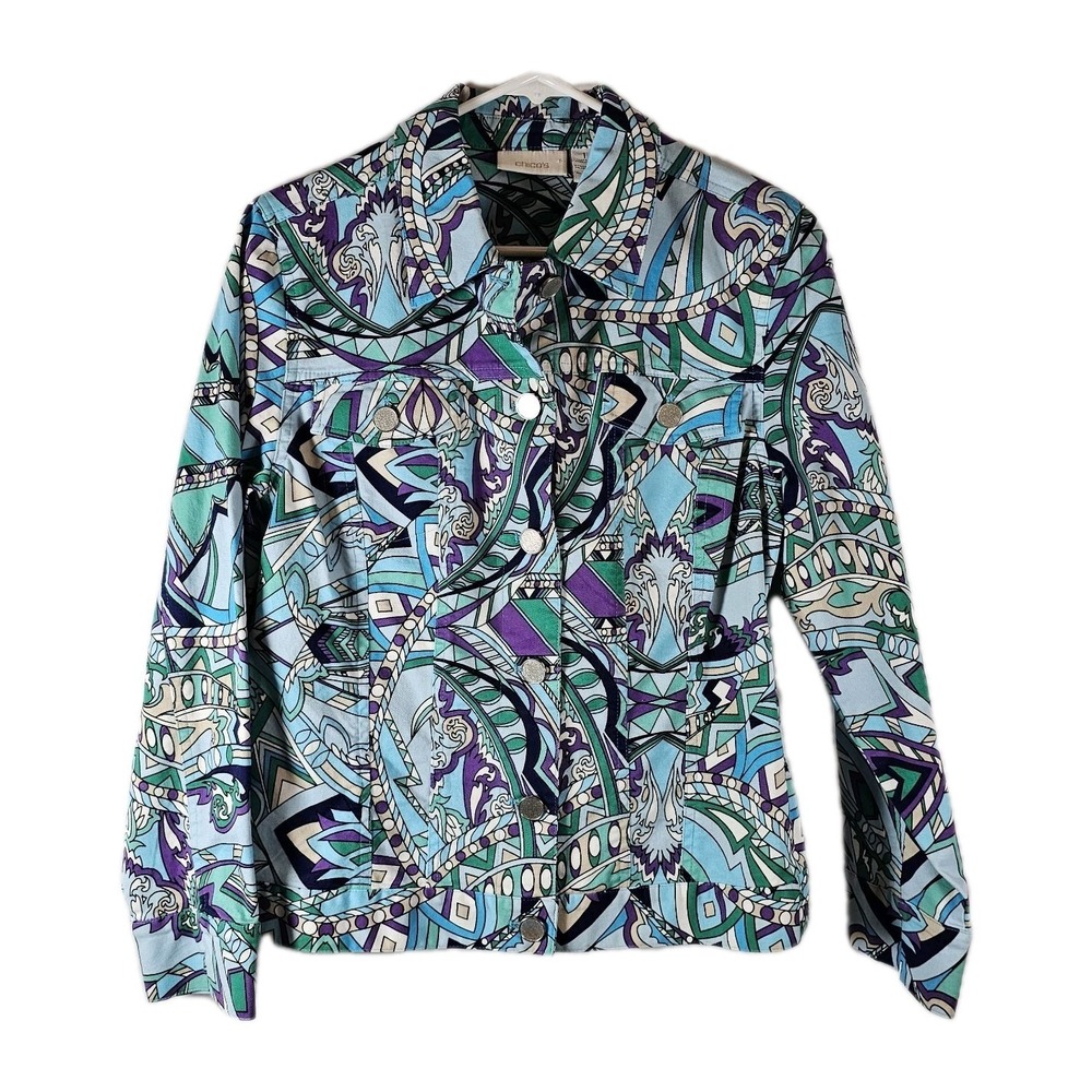 Chicos Jacket Womens Size 1 Med 8/10 Blue Hannalee Graphic Print Long Sleeve EUC